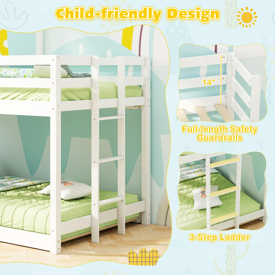 Giantex House Bunk Bed Twin Over Twin, Solid Wood Floor Bunk Bed with Built in Ladder, Window &amp; Safety Guardrail