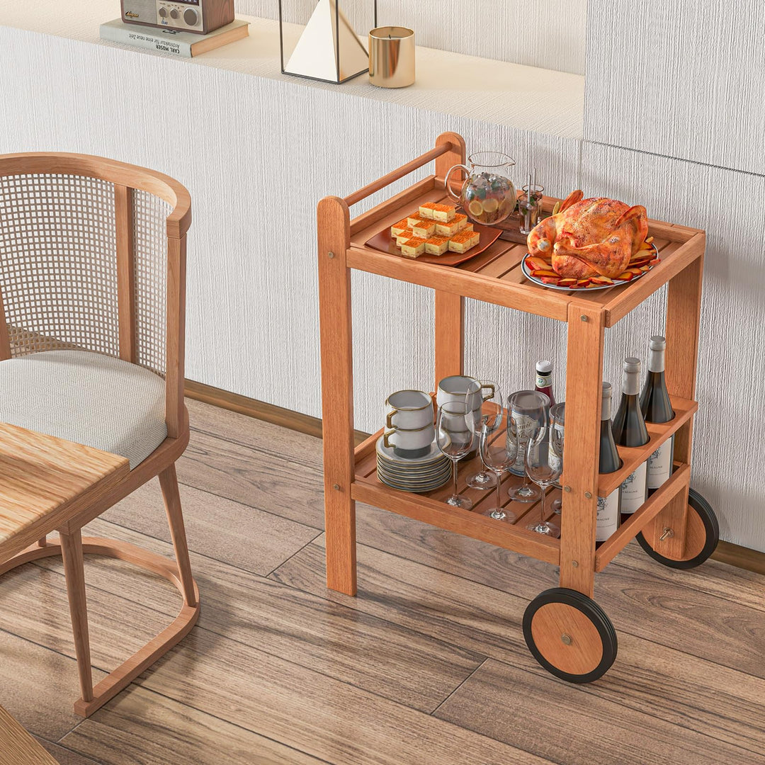Giantex Wood Bar Cart, 2 Tier Side Table with Large Wheels &amp; Wine Bottle Rack