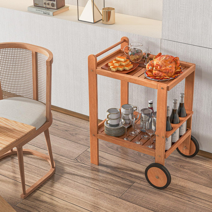 Giantex Wood Bar Cart, 2 Tier Side Table with Large Wheels &amp; Wine Bottle Rack