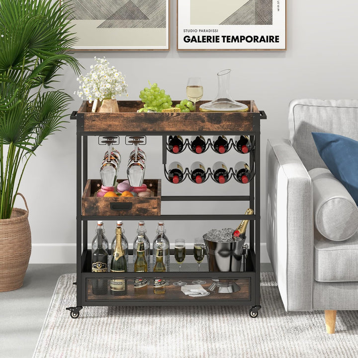 Giantex Rolling Bar Cart, 3-Tier Industrial Buffet Serving Cart with Wine Rack, Stemware Rack &amp; Removable Tray