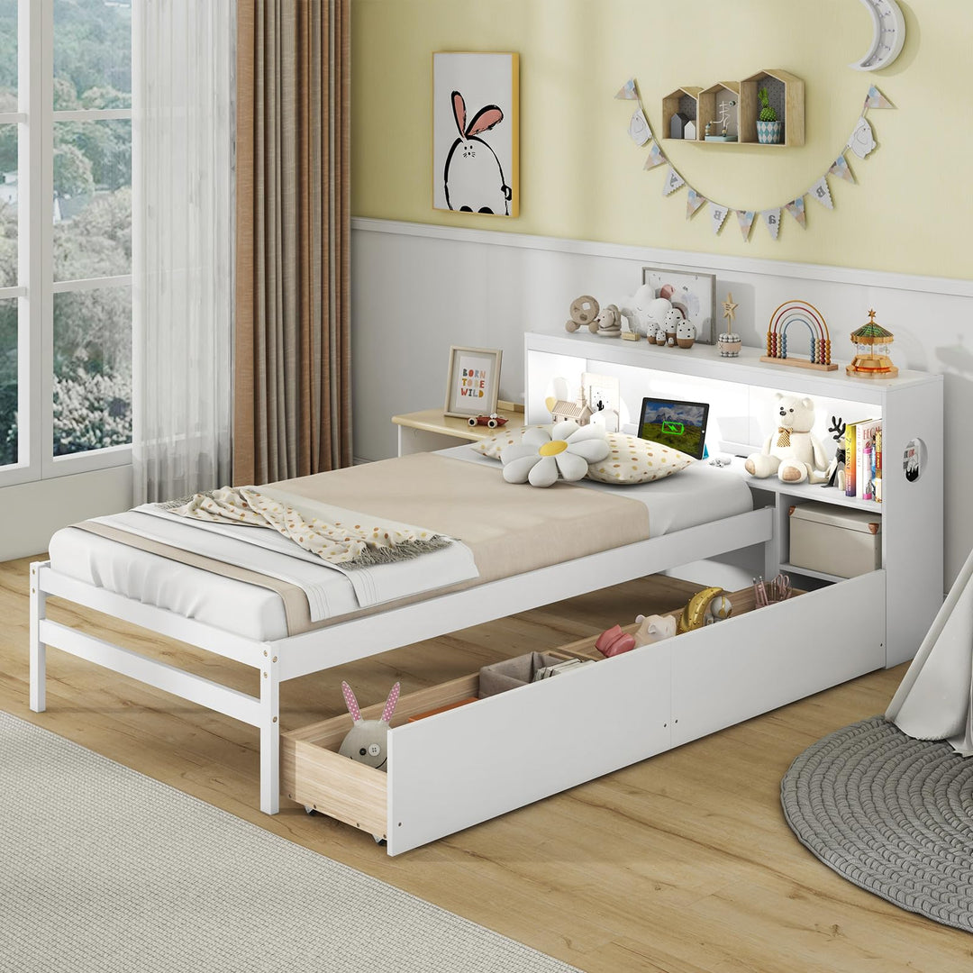 Giantex Wood Twin Bed Frame with Storage Drawer &amp; Headboard, Modern Platform Bed with Charging Station &amp; LED Light