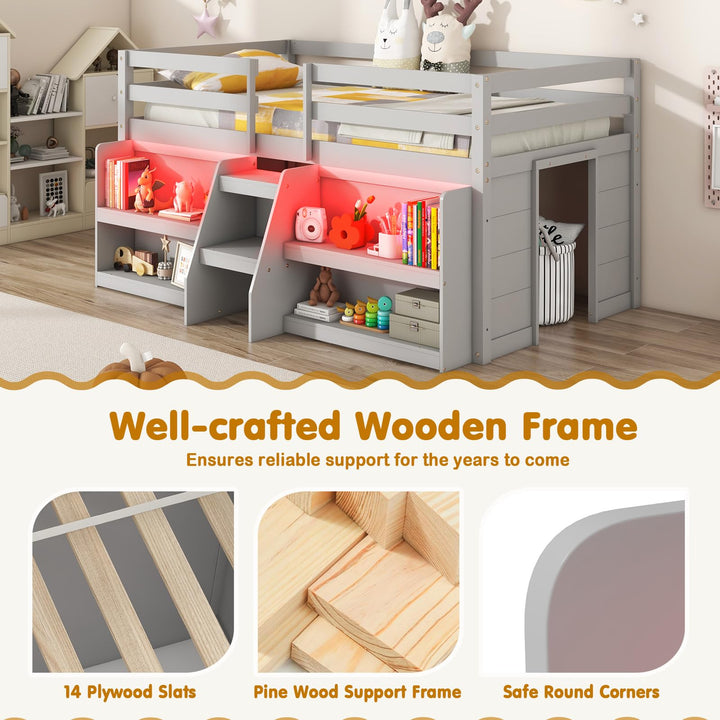 Giantex Low Loft Bed with LED Lights, Wooden Twin Loft Bed with Stairs &amp; Safety Guardrail