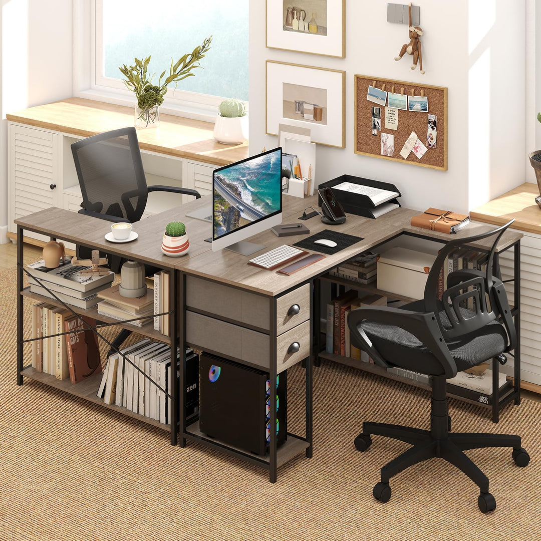 Giantex 48" L Shaped Desk with Charging Station &amp; 2 Fabric Drawers