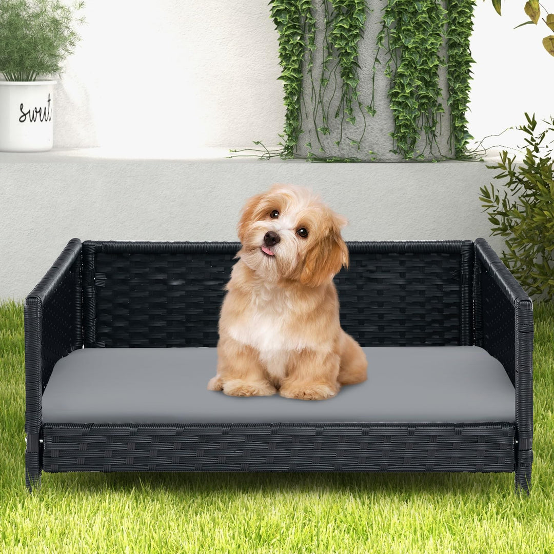 Giantex Wicker Dog Bed, Raised Woven Rattan Pet Bed Sofa Couch w/Waterproof &amp; Washable Cushion