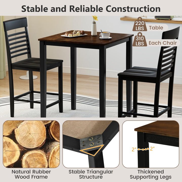 3-Piece Counter-Height Dining Table Set for 2 with Rubber Wood Frame and Footrest