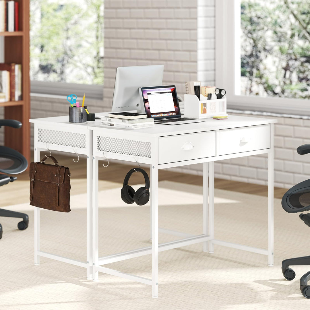 Giantex Small Computer Desk with Fabric Drawers, 36 Inch Home Office Desk with 4 Hanging Hooks &amp; Metal Frame