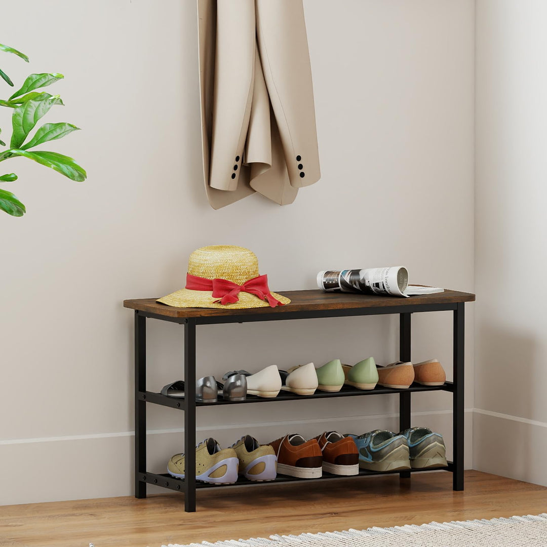 Giantex 3-Tier Shoe Bench 32" L Shoe Organizer Storage Bench with Metal Slat Shelves &amp; Seat