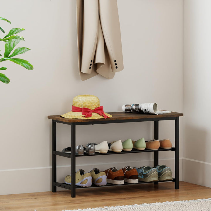 Giantex 3-Tier Shoe Bench 32" L Shoe Organizer Storage Bench with Metal Slat Shelves &amp; Seat