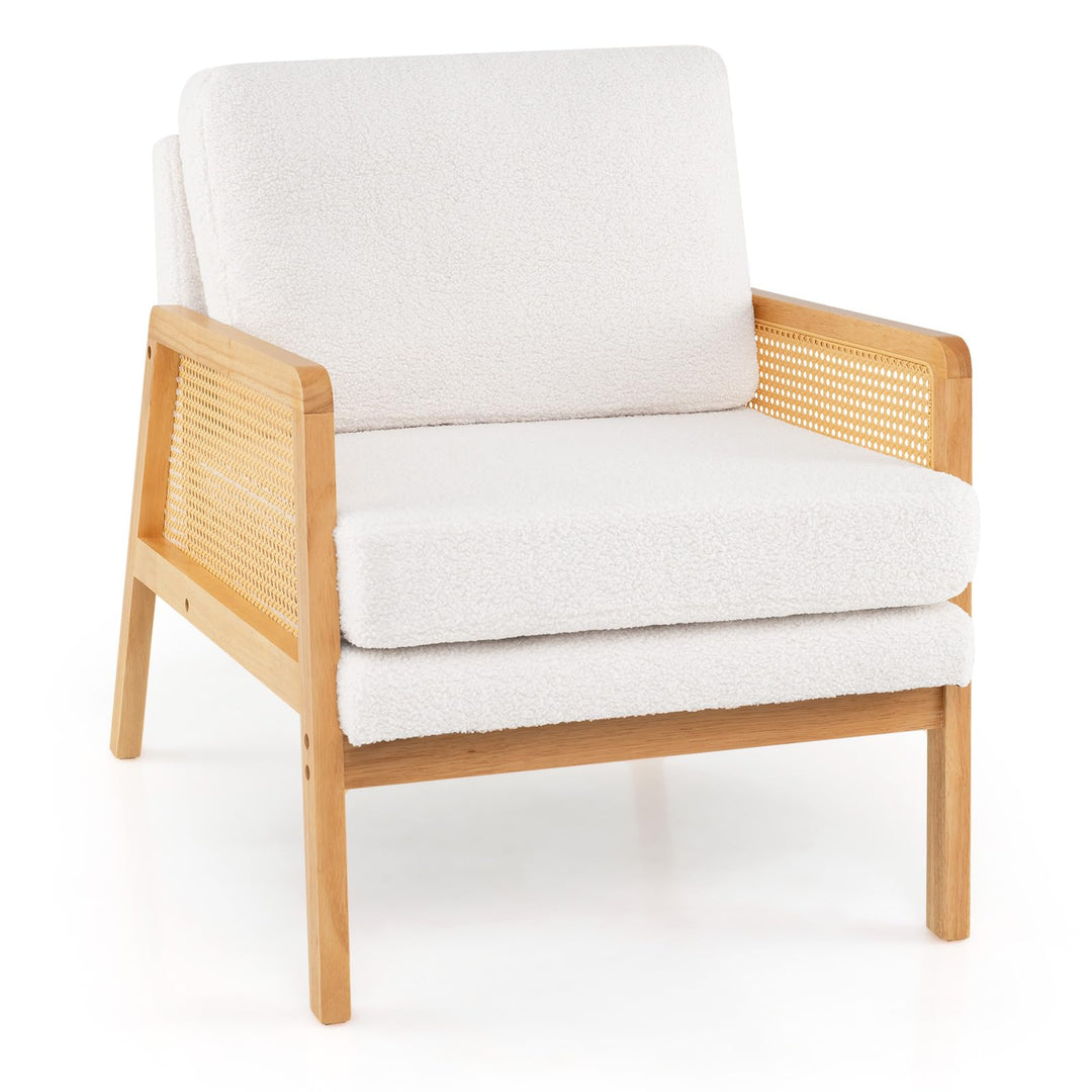 Giantex Mid Century Modern Accent Chair, Boho Boucle Living Room Arm Chair w/Rattan Arms