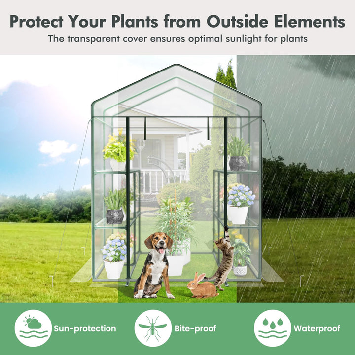 Giantex Walk-in Greenhouse w/ 3 Tiers 4 Shelves, 4 Ground Stakes &amp; Ropes, PVC Cover