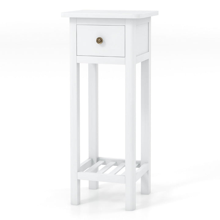 Giantex Narrow End Table with Drawer, Tall Acacia Wood Side Table with Bottom Shelf, Modern Bedside Tables