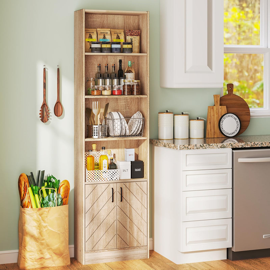 Giantex 6-Tier Bookshelf with Double Doors, 71" Tall Bookcase w/ 4 Open Cubes &amp; 3 Adjustable Shelves