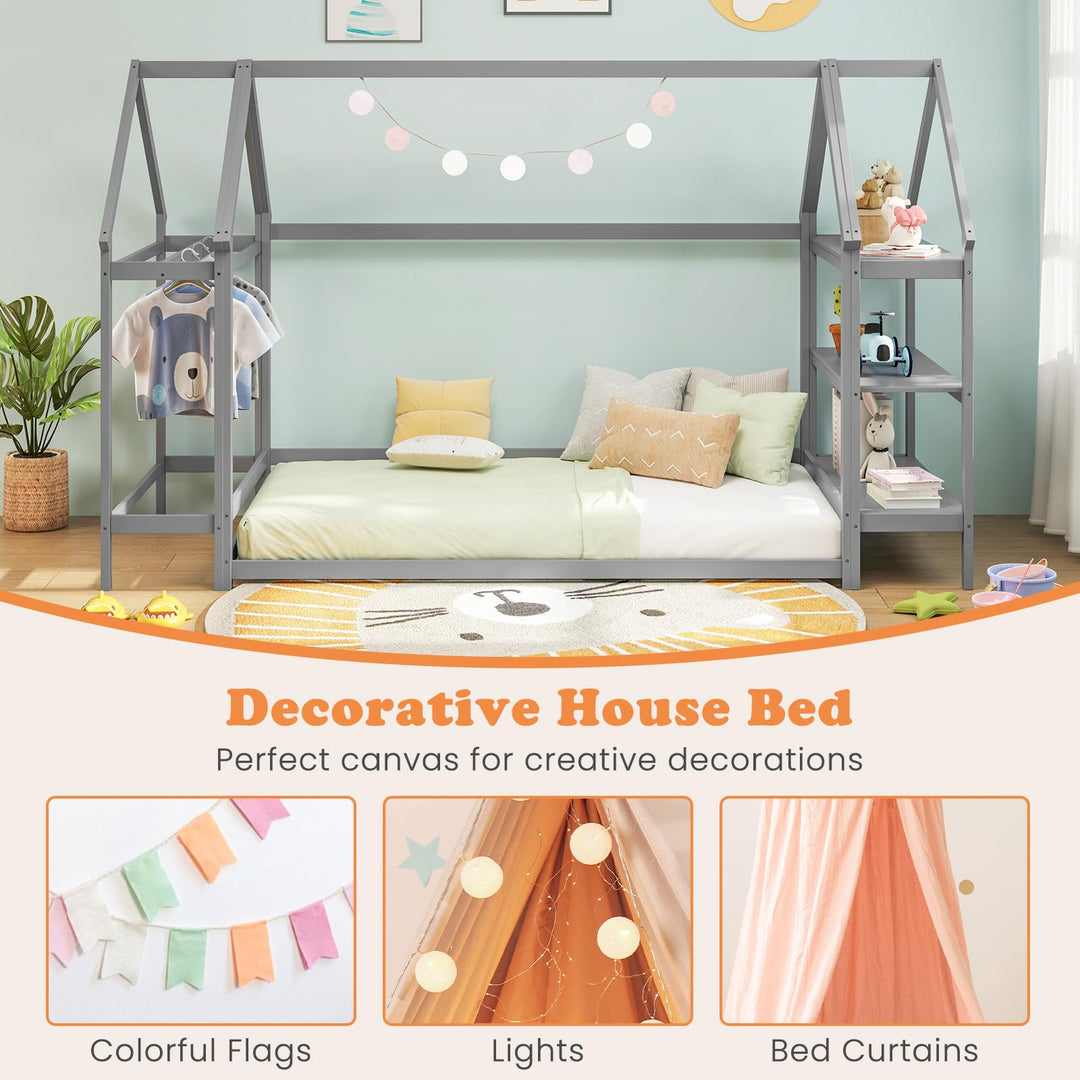 Giantex Twin Floor Bed, Wood Montessori Floor Bed with Detachable 3 Tier Storage Bookshelf &amp; Clothes Rack