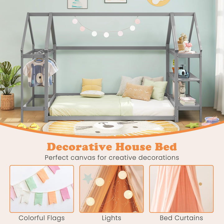 Giantex Twin Floor Bed, Wood Montessori Floor Bed with Detachable 3 Tier Storage Bookshelf &amp; Clothes Rack