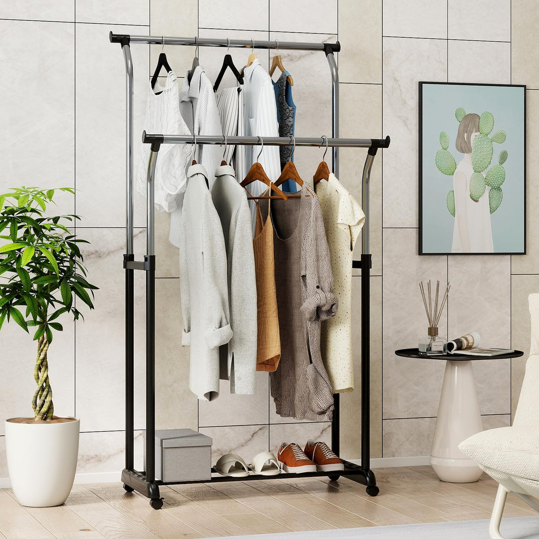 Giantex Double Rod Clothing Rack with Adjustable Height &amp; Wheels