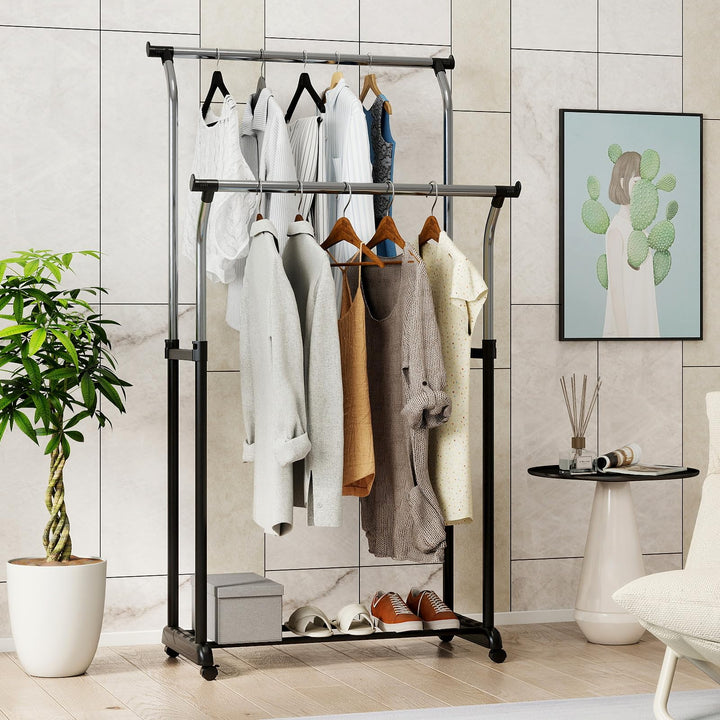 Giantex Double Rod Clothing Rack with Adjustable Height &amp; Wheels