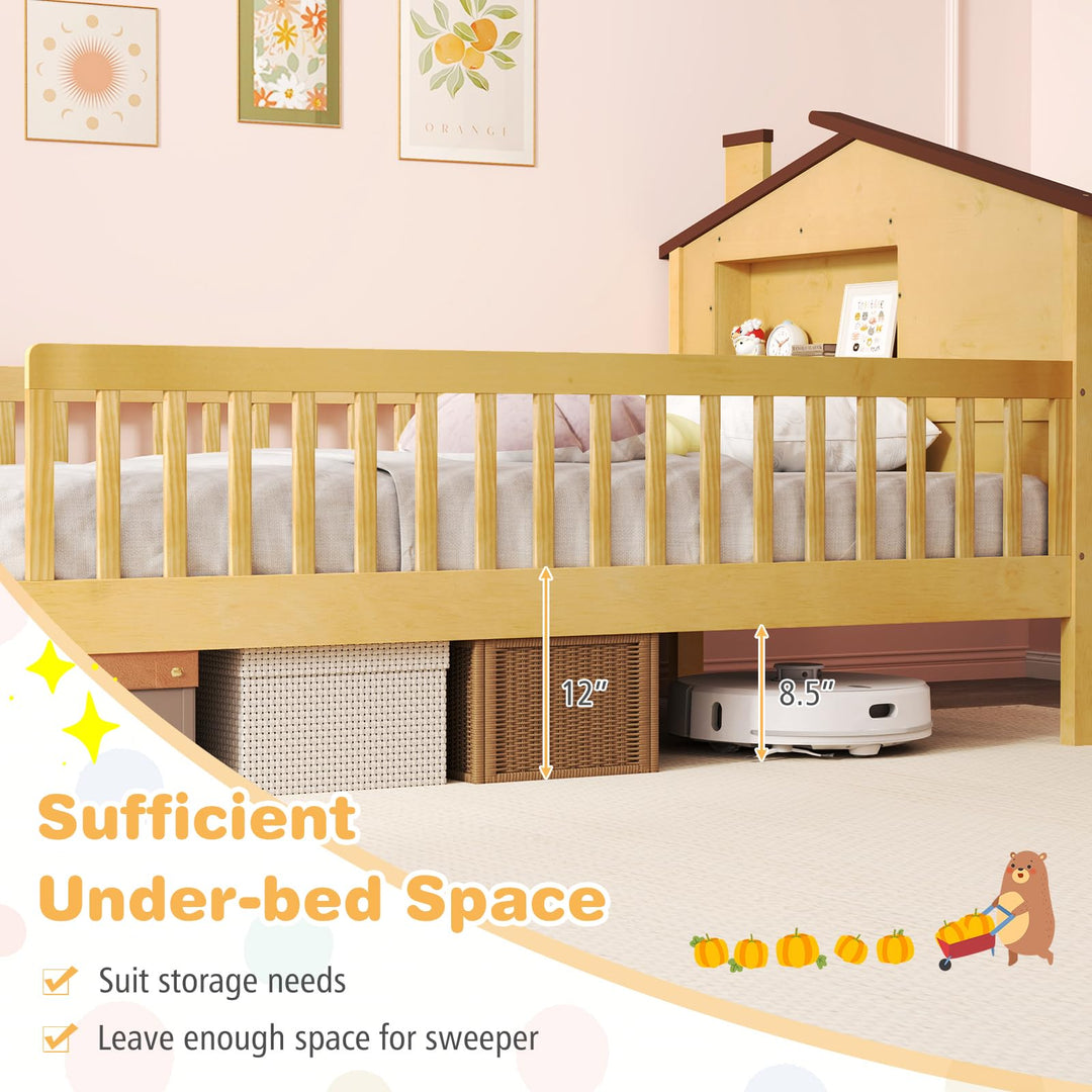 Giantex Twin Bed Frames for Kids, Solid Wood Montessori Bed with House-Shaped Headboard &amp; Built-in Storage Shelf
