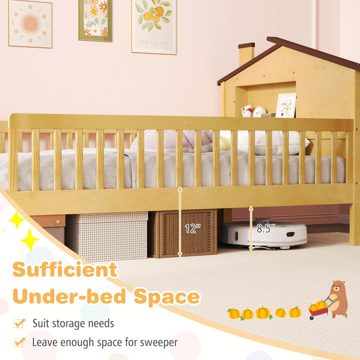 Giantex Twin Bed Frames for Kids, Solid Wood Montessori Bed with House-Shaped Headboard &amp; Built-in Storage Shelf