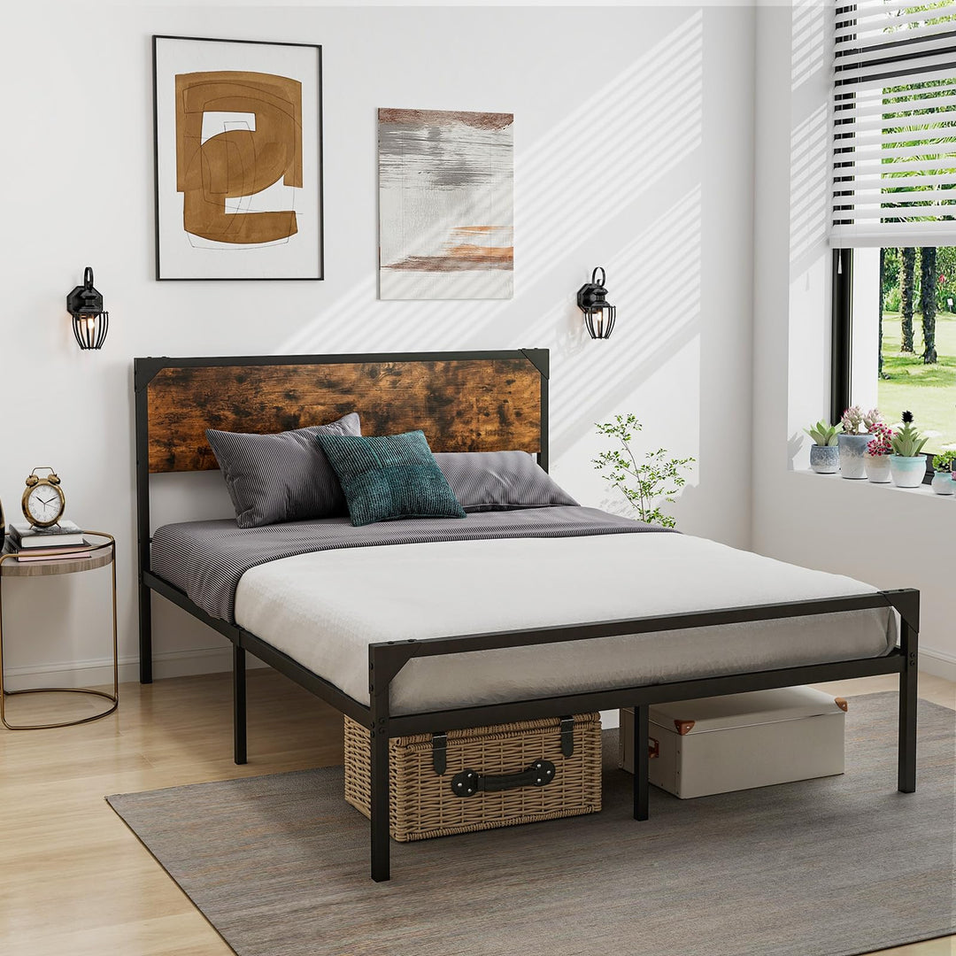 Giantex Full Size Bed Frame with Rustic Headboard &amp; Footboard, Strong Metal Slat Support Mattress Foundation