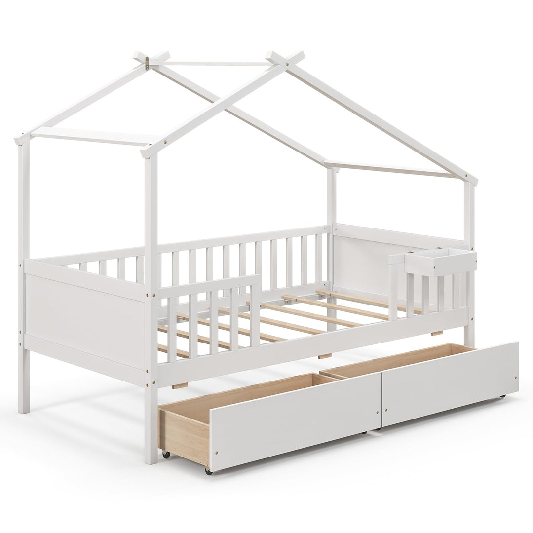 Giantex Twin House Bed with Drawers, Wooden Twin Bed Frame with Cube Storage &amp; Fence Rails