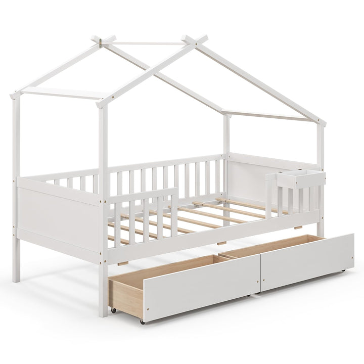 Giantex Twin House Bed with Drawers, Wooden Twin Bed Frame with Cube Storage &amp; Fence Rails
