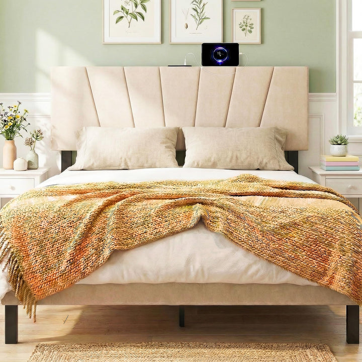Giantex Geometric Upholstered Head Board with USB &amp; Type-C Ports