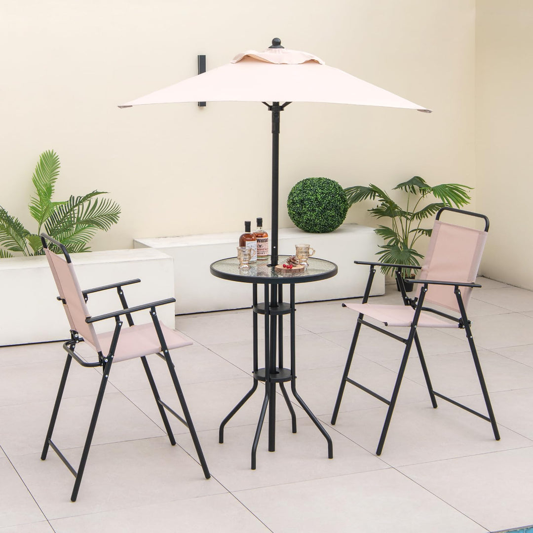 Giantex 4-Piece Outdoor Bar Set, Round High Top Bar Table with 2 Folding Counter Height Chairs &amp; Umbrella