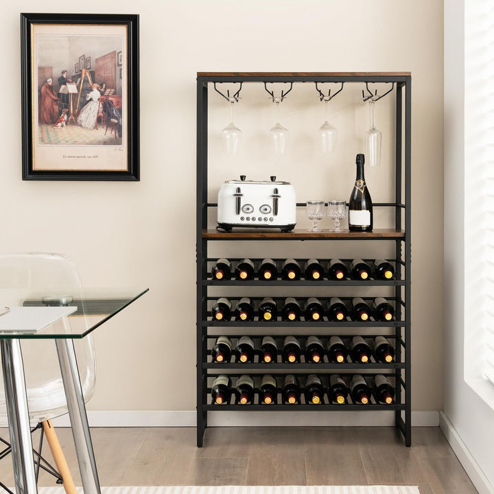 Floor Wine Rack w/ 4-Tier Wine Storage &amp; 4 Rows of Stemware Racks