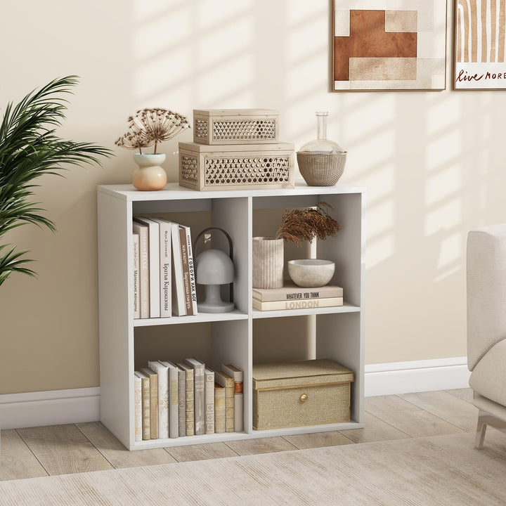 Giantex 4-Cube Bookcase, White Cubby Bookshelf w/Back Guardrail &amp; Anti-Tipping Kits