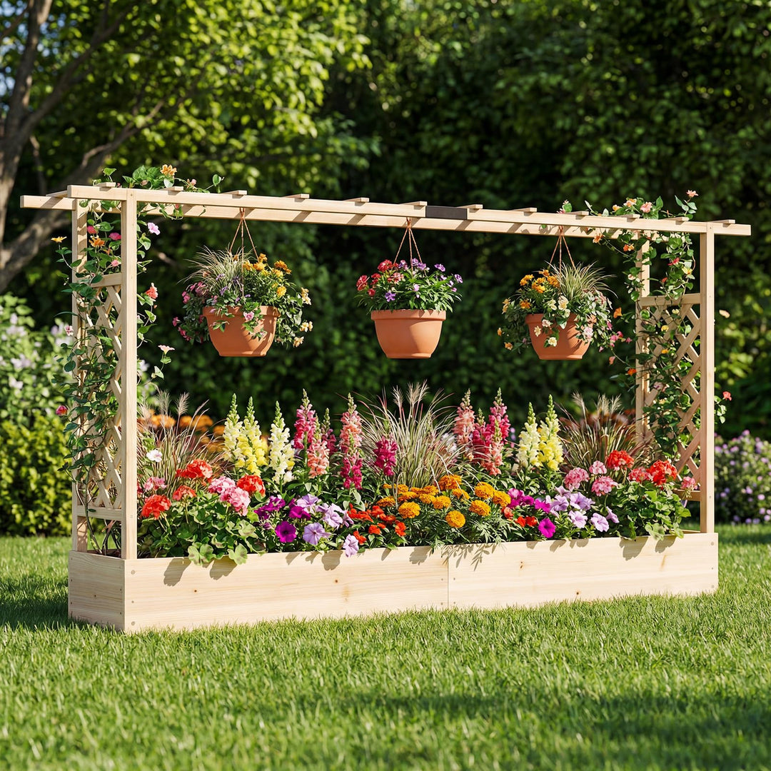 Giantex Wooden Raised Garden Bed with Trellis &amp; Hanging Roof