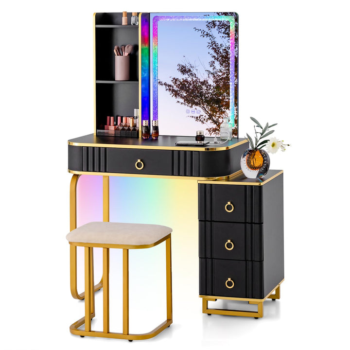 CHARMAID RBG LED Makeup Vanity Table, Colorful Lighted Mirror, 7 Dynamic &amp; 7 Static Modes, 3-Drawer Chest