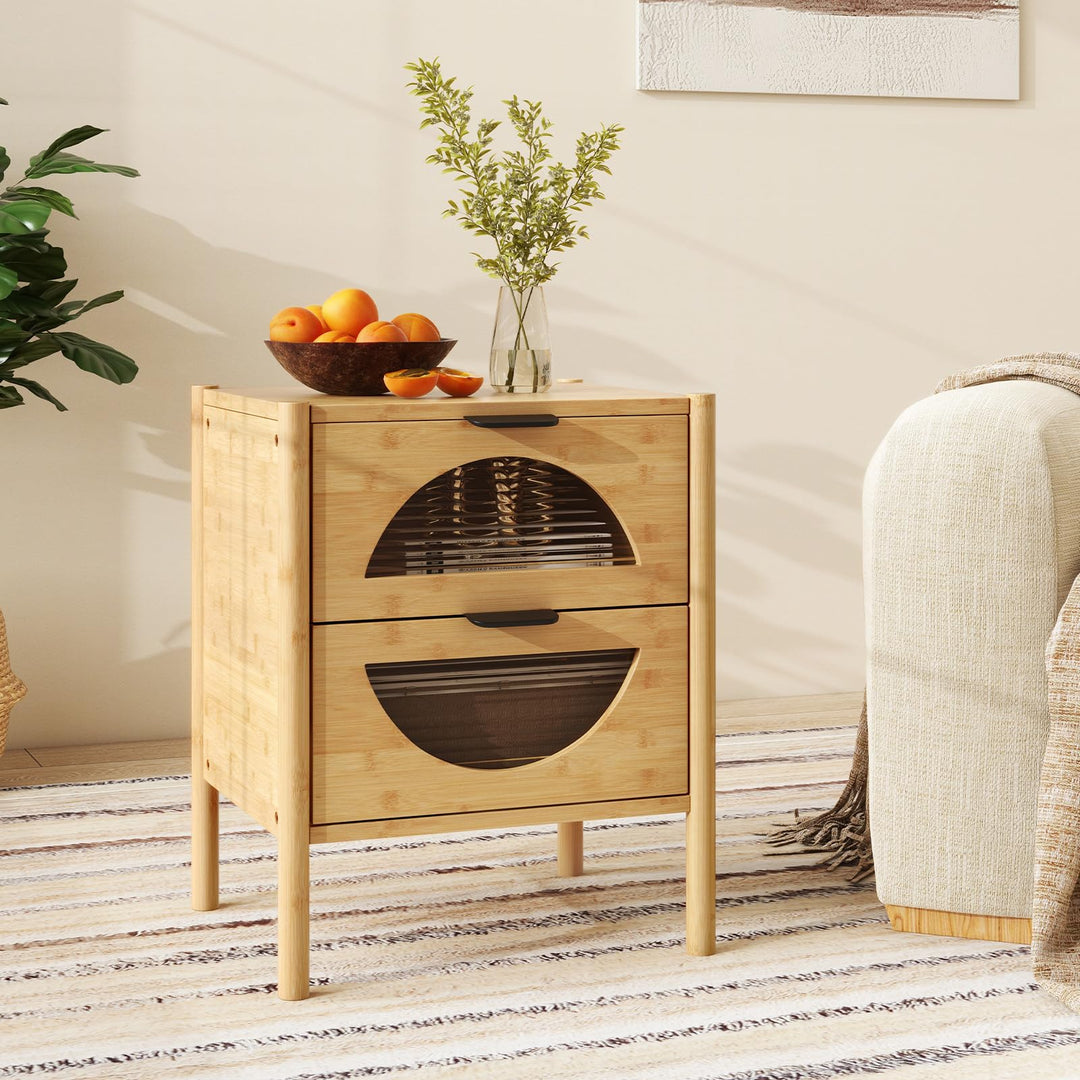 Giantex Bamboo Nightstand, Mid-Century Modern Bedside Table with 2 Storage Drawers &amp; Tempered Glass