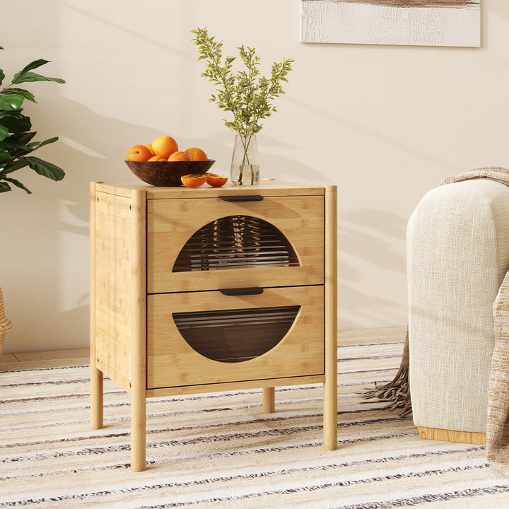 Giantex Bamboo Nightstand, Mid-Century Modern Bedside Table with 2 Storage Drawers &amp; Tempered Glass