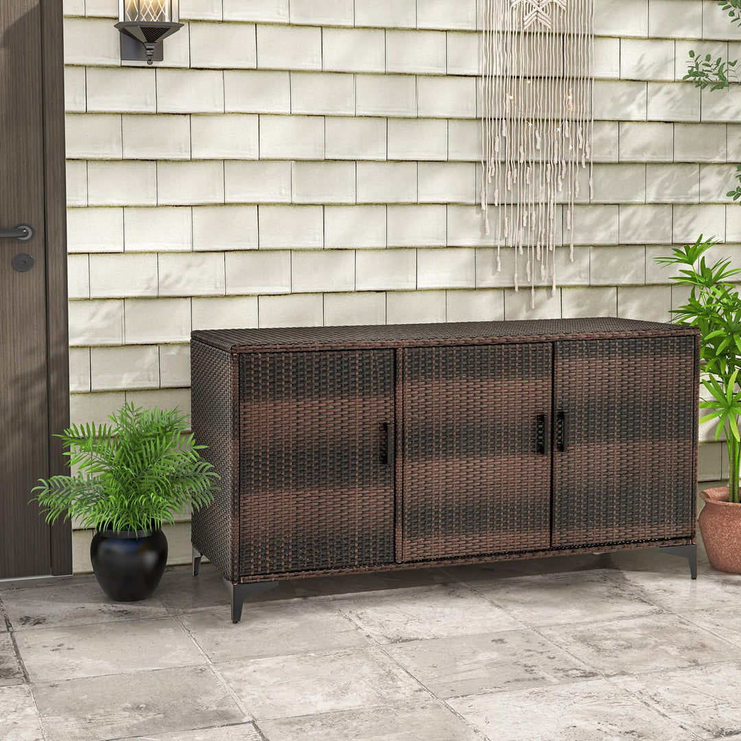 Giantex 84-Gallon Wicker Deck Box - Patio Storage Cabinet, 3-Door PE Rattan Storage Container with Removable Shelves