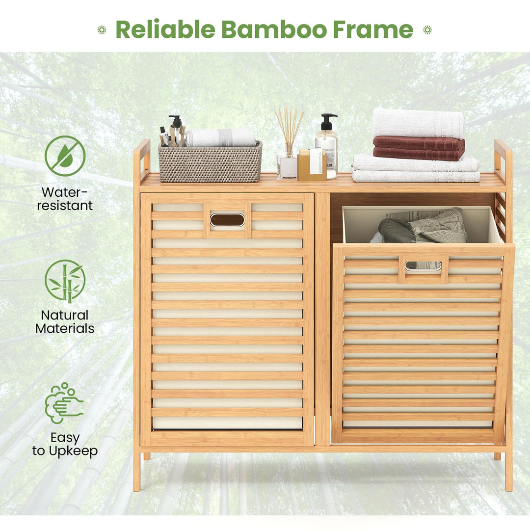 Giantex 20 Gal Bamboo Tilt Out Laundry Hamper with 2 Removable &amp; Foldable Fabric Bins