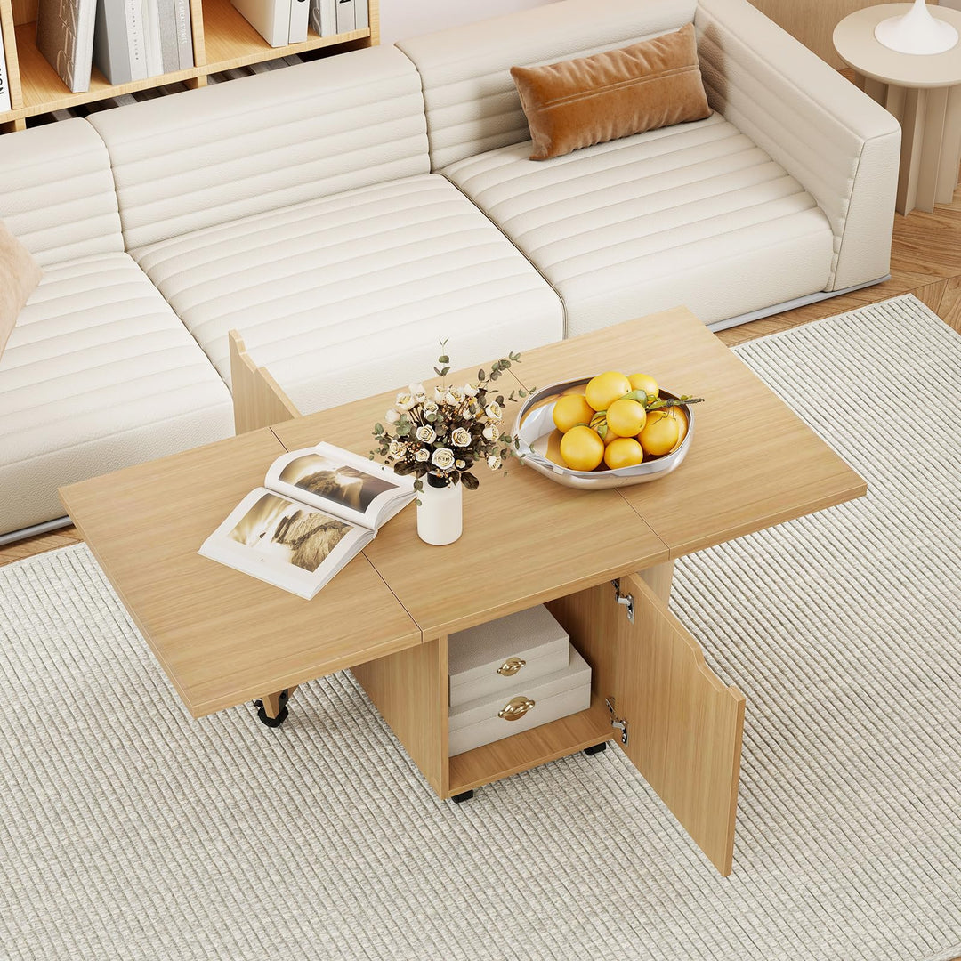 Giantex Folding Coffee Table 48 Inch Drop Leaf Extendable Center Table with Storage Cabinet &amp; Wheels