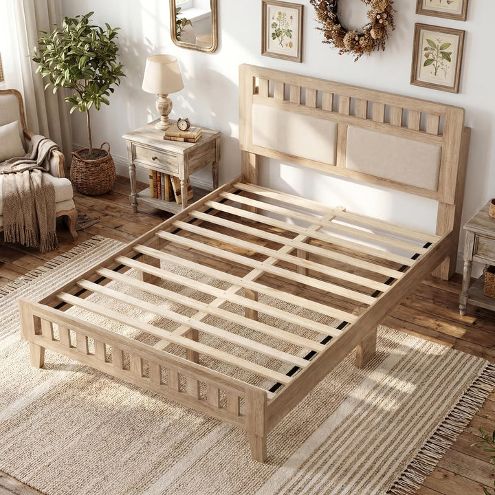 Giantex Mid-Century Wood Bed Frame with Upholstered Headboard (Full/Twin/Queen)