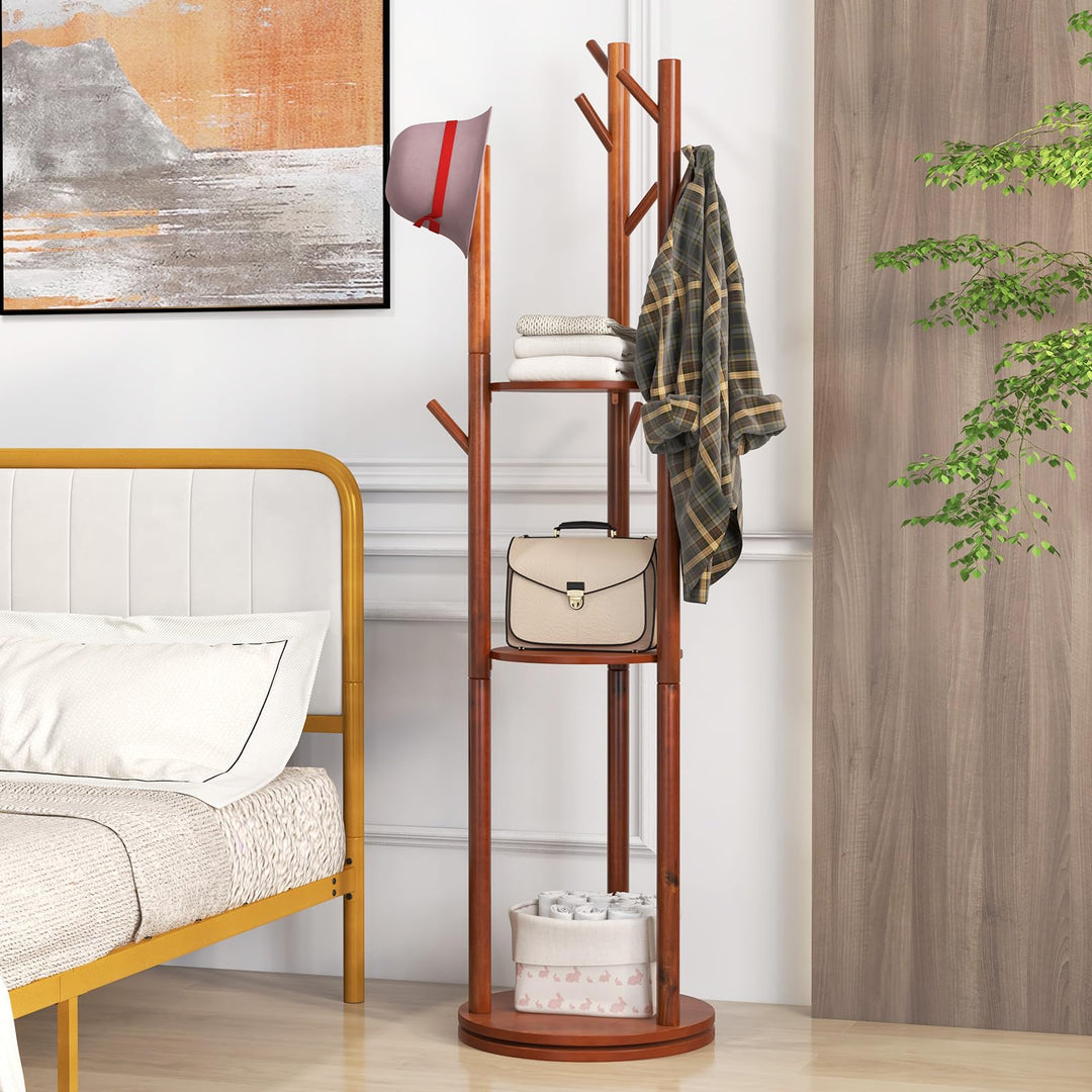 Giantex Coat Rack Freestanding, Wooden Rotary Coat Tree w/ 3 Display Storage Shelves &amp; 9 Hooks