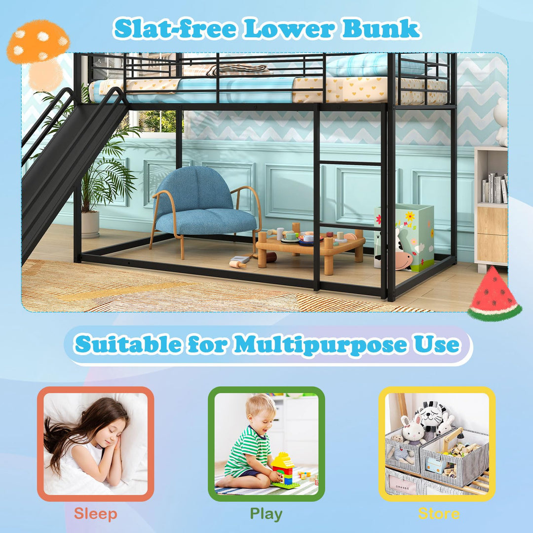 Giantex Twin Over Twin Bunk Bed with Slide &amp; Ladder House-Shaped Metal Bunk Bed Frame with Safety Guardrail &amp; Roof