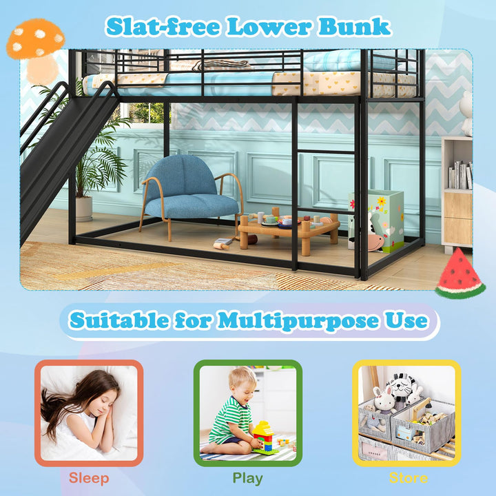Giantex Twin Over Twin Bunk Bed with Slide &amp; Ladder House-Shaped Metal Bunk Bed Frame with Safety Guardrail &amp; Roof