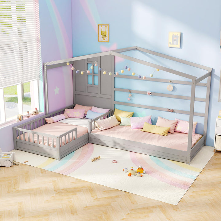 Giantex Double Twin Beds for Kids, House L-Shaped Platform Beds with Window &amp; Fences