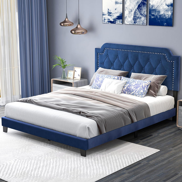 Giantex Velvet Queen Size Bed Frame, Upholstered Platform Bed with Button Tufted &amp; Nailhead Trim Headboard