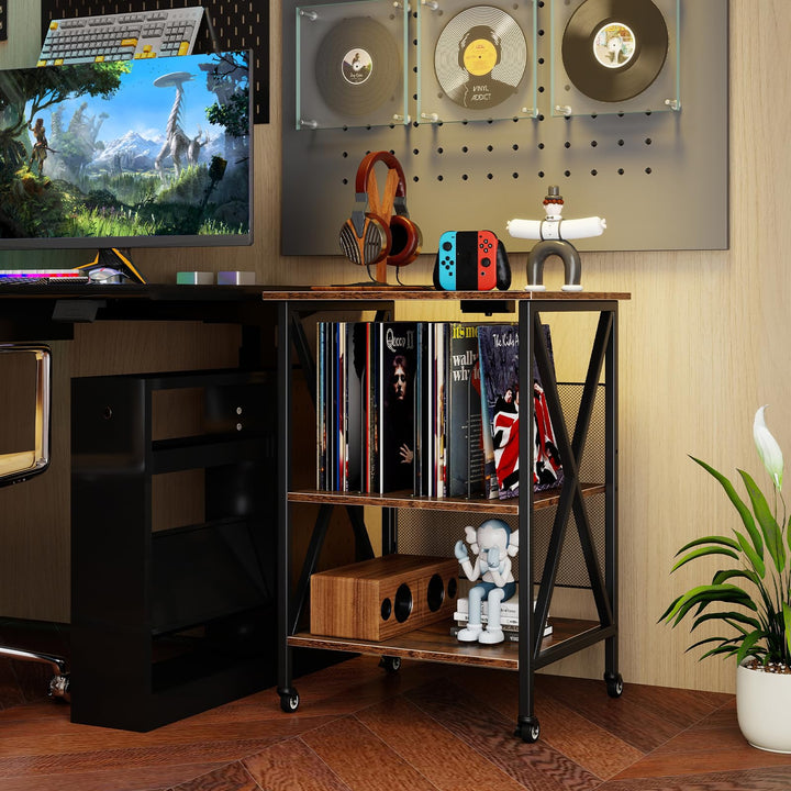 Giantex Record Player Stand with Charging Station Turntable Stand with Record Storage &amp; 4 Rolling Wheels