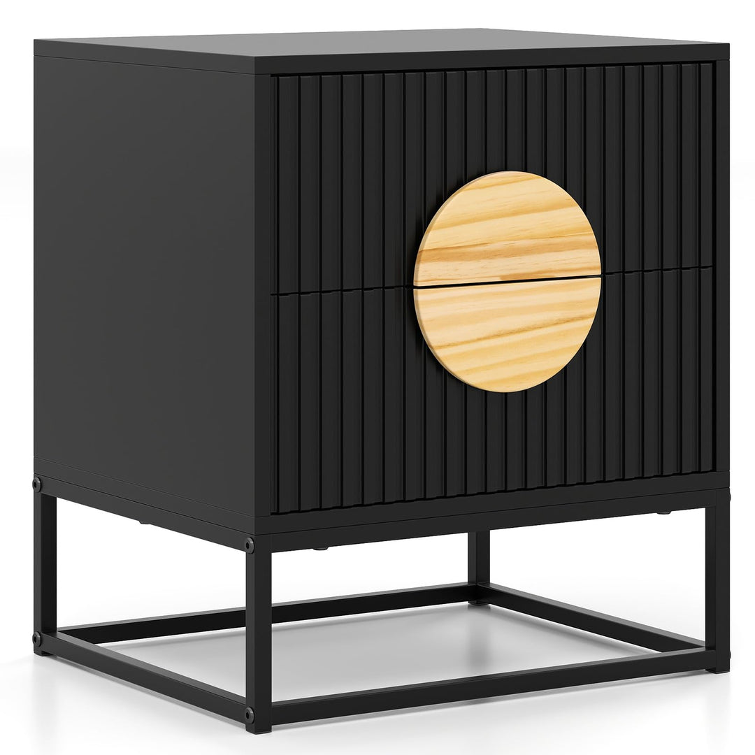 Giantex Fluted Nightstand with 2 Drawers with Natural Circle Handle &amp; Metal Frame