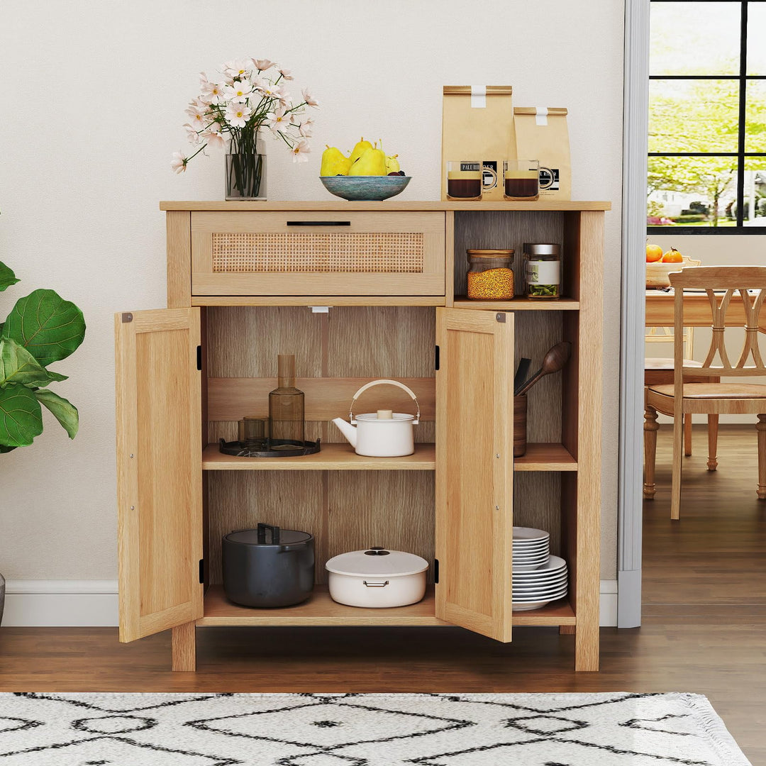 Giantex Buffet Cabinet with 2 Doors, Drawer 3 Open Cubbies Adjustable Shelf (Natural)