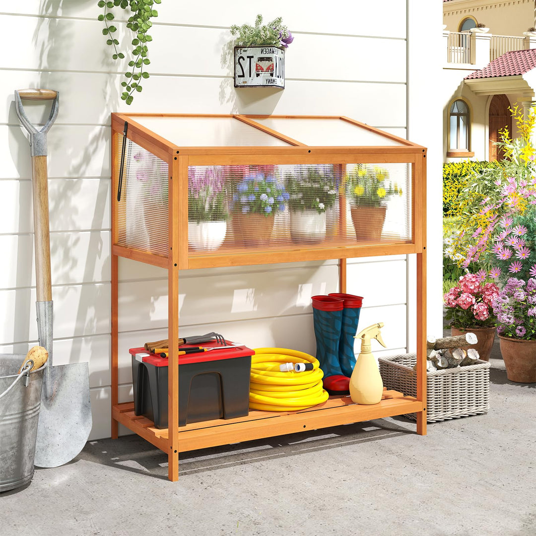 Giantex Wood Cold Frame Greenhouse with Transparent Openable Roof &amp; Slatted Shelf