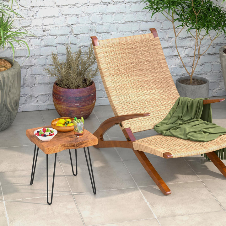 Giantex Teak Wood End Table, Solid Live Edge Outdoor Side Table w/Natural Grain &amp; Heavy-Duty Metal Legs