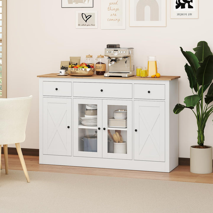 Giantex 55" Large Buffet Sideboard with 3 Drawers &amp; 2 See-Through Doors