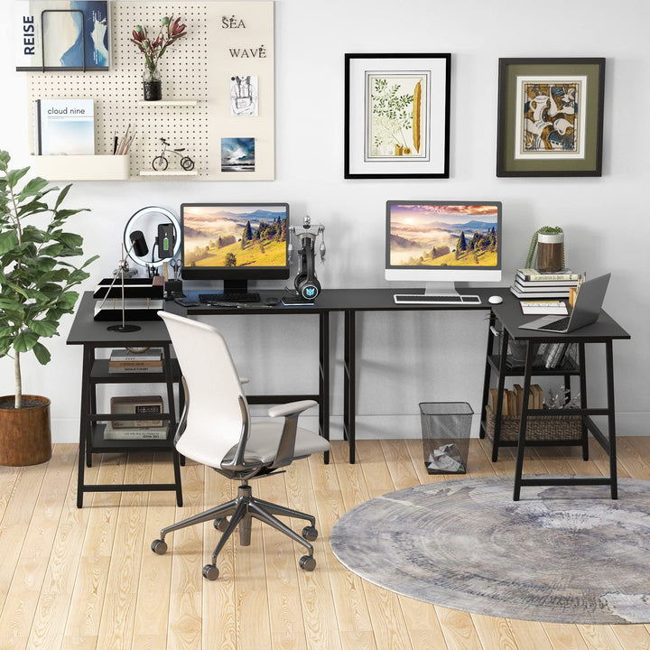 Giantex L Shaped Desk with Power Outlets &amp; USB Ports, 48" Corner Gaming Desk with 2 Tier Storage Shelves