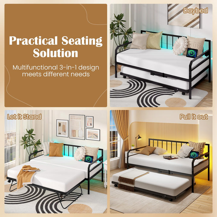 Giantex Twin Daybed with Trundle, Twin Bed Frame with Charging Station &amp; LED Lights, Metal Trundle Bed Twin w/Steel Slats Support